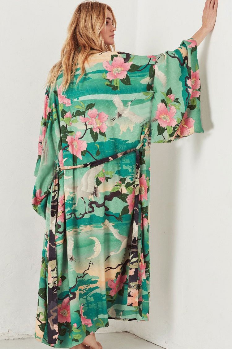 Boho Floral Belted Kimono Maxi Cover Up-Pinkami