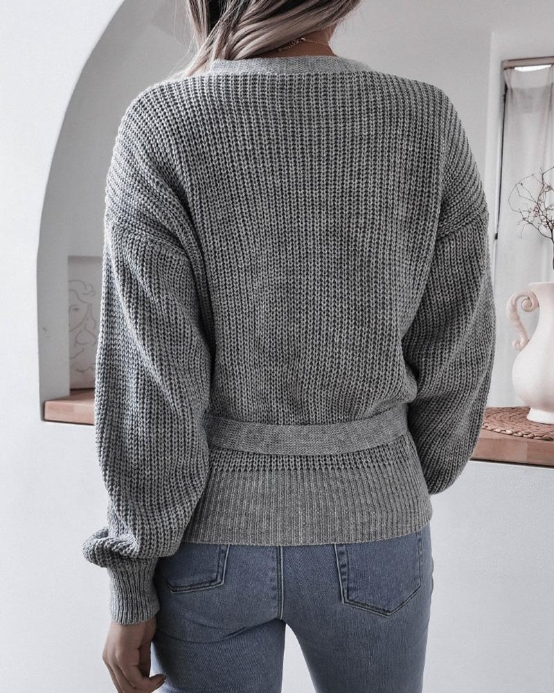 Solid Rib-Knit Surplice Tie Side Sweater-Pinkami