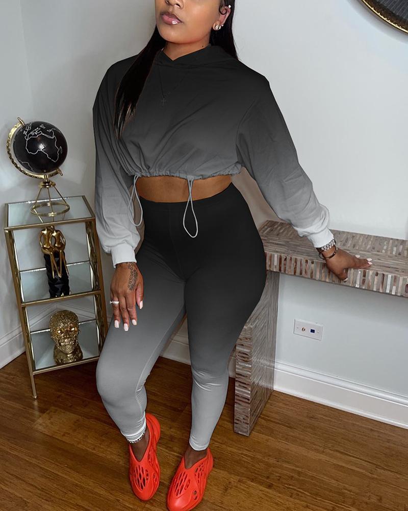 Ombre Drawstring Detail Hoodie & Pants Set-Pinkami