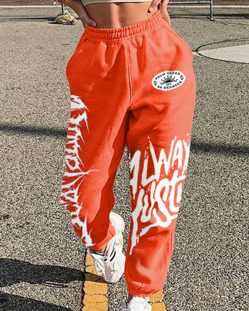 Letter Print Graphic Patch Pocket Decor Sports Pants For Women-Pinkami