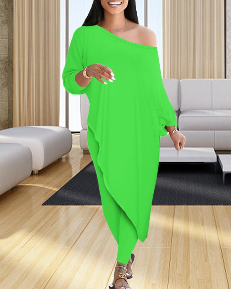 Solid Boat Neck Asymmetrical Long Sleeve Top & Pants Set-Pinkami