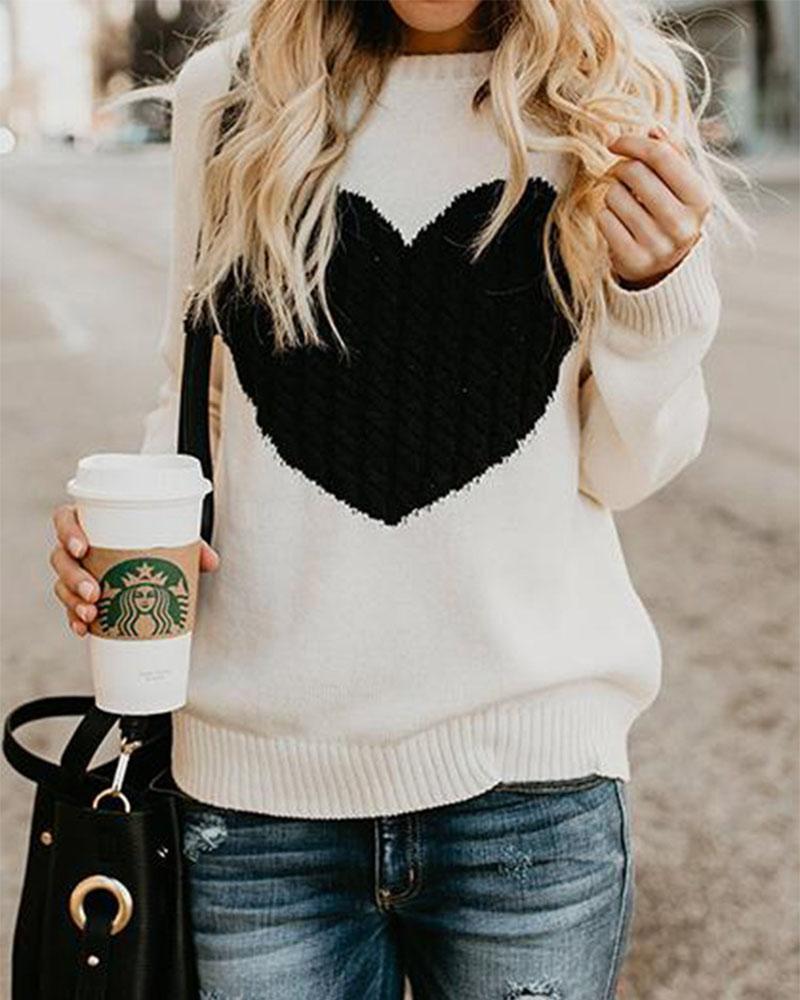 Colorblock Heart Pattern Chunky Knit Round Neck Sweater-Pinkami