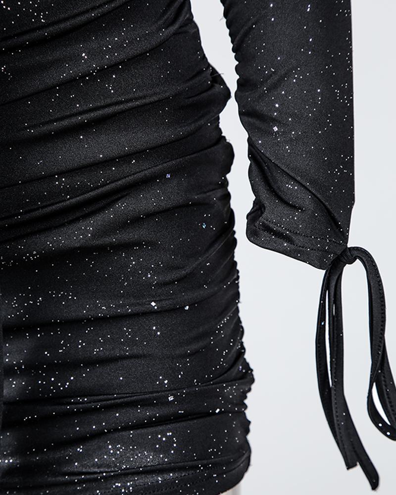 Glitter Off Shoulder Ruched Bodycon Dress