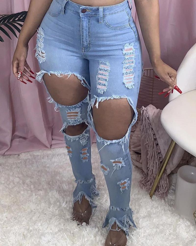 Women Plus Raw Hem Distressed Split Hem Skinny Jeans-Pinkami