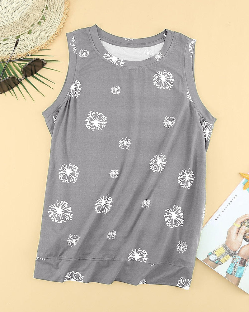 Dandelion Print Split Side Tank Top-Pinkami
