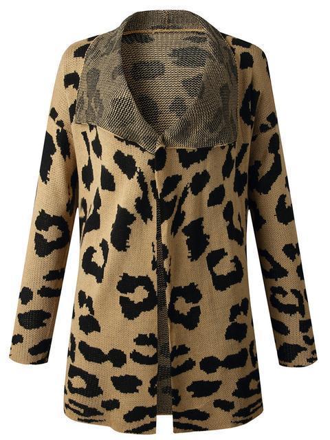 Leopard Long Sleeve Lapel Sweaters Coat-Pinkami