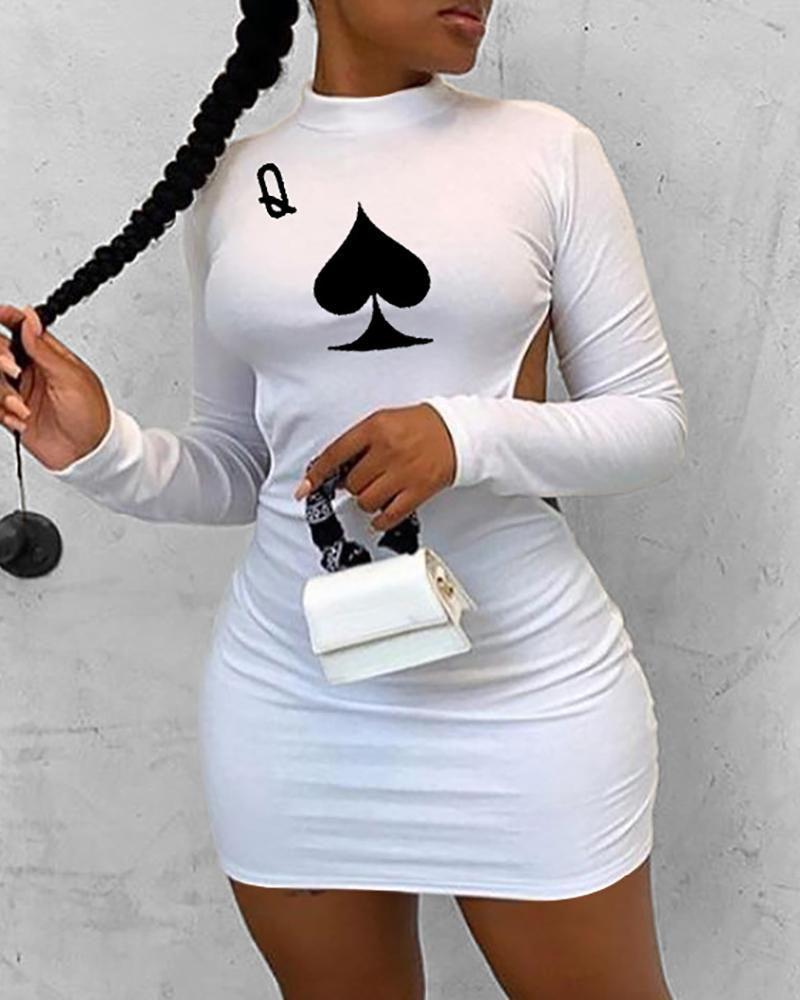 Poker Print Backless Bodycon Dress