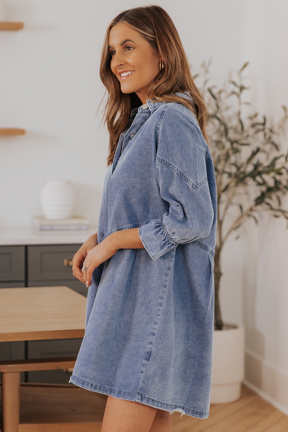 Sleeveless Mini Dress with Denim Accent - Blue