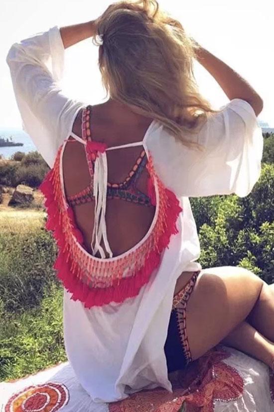 Sexy Fringe Self Tie Back Cover Up-Pinkami