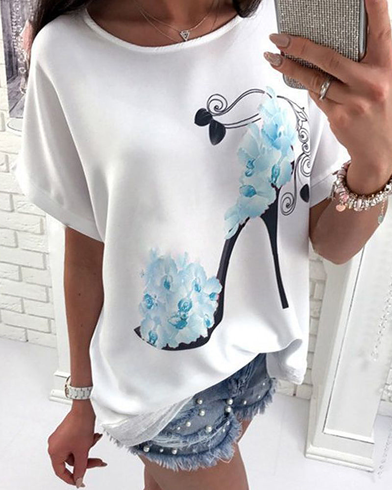 Floral & High Heel Print Drop Shoulder T-Shirt-Pinkami