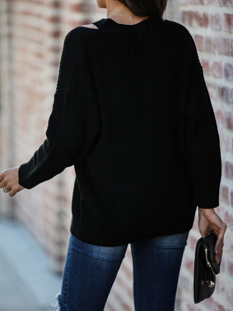 V-neck Solid Loose Sweater-Pinkami