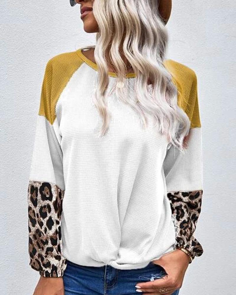 Cheetah Panel Colorblock Twist Front Drop Bishop Sleeve Sweater-Pinkami