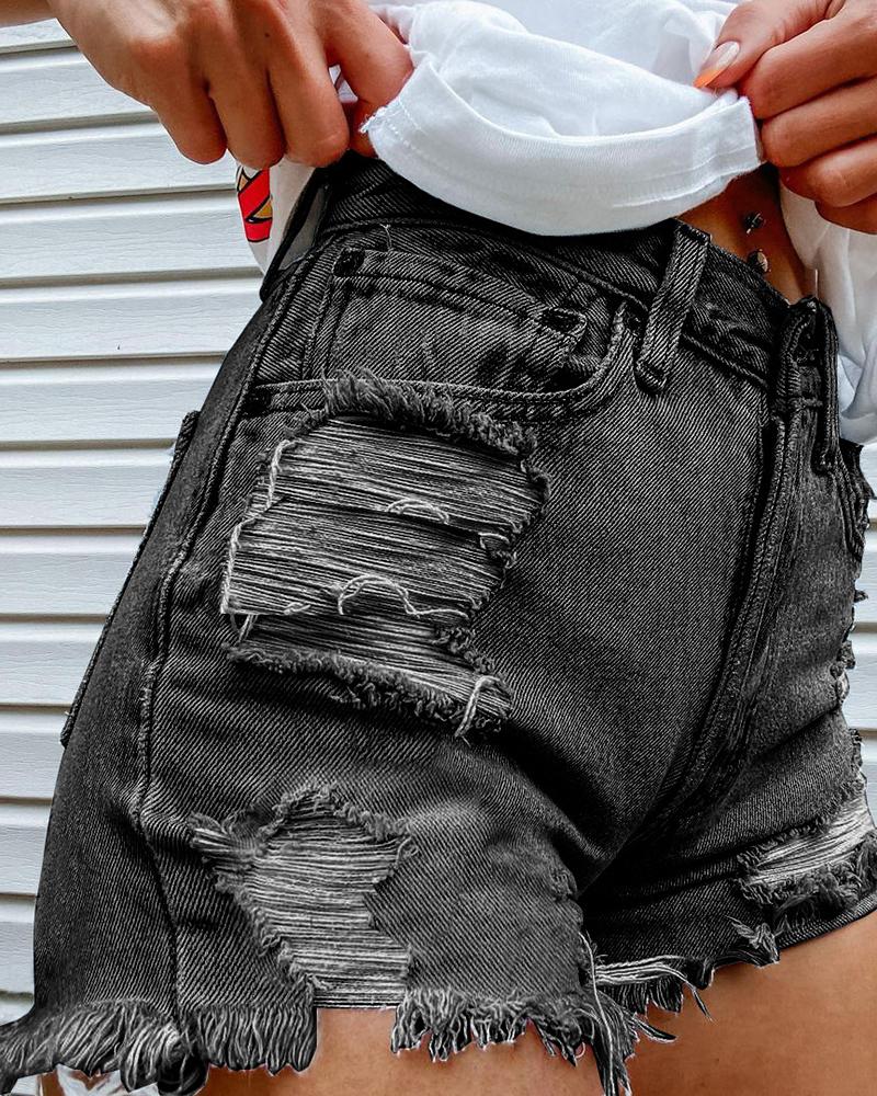 Women Lips & Letter Print Raw Edge Denim Shorts-Pinkami