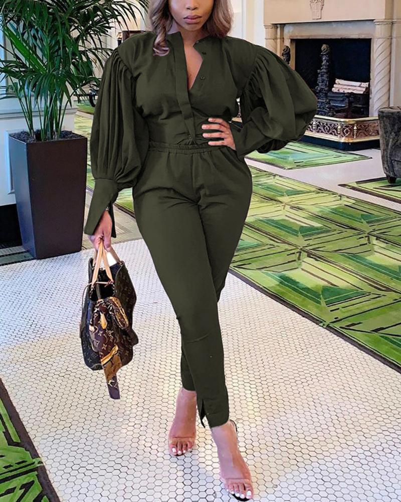 Solid Button Up Pocket Detail Top & Pants Set-Pinkami