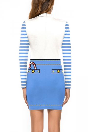 Christmas Reindeer Dress Striped Sleeve Blue-Pinkami