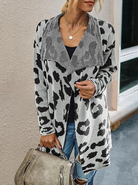 Leopard Long Sleeve Lapel Sweaters Coat-Pinkami
