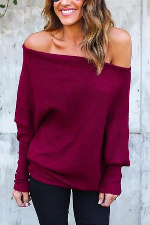 Off-the-shoulder Bat Sleeve Sweater-Pinkami