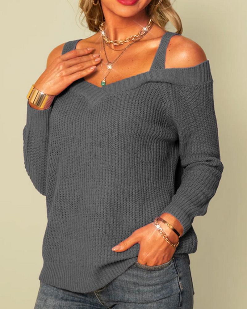 Rib-Knit Cut Out Cold Shoulder Sweater-Pinkami