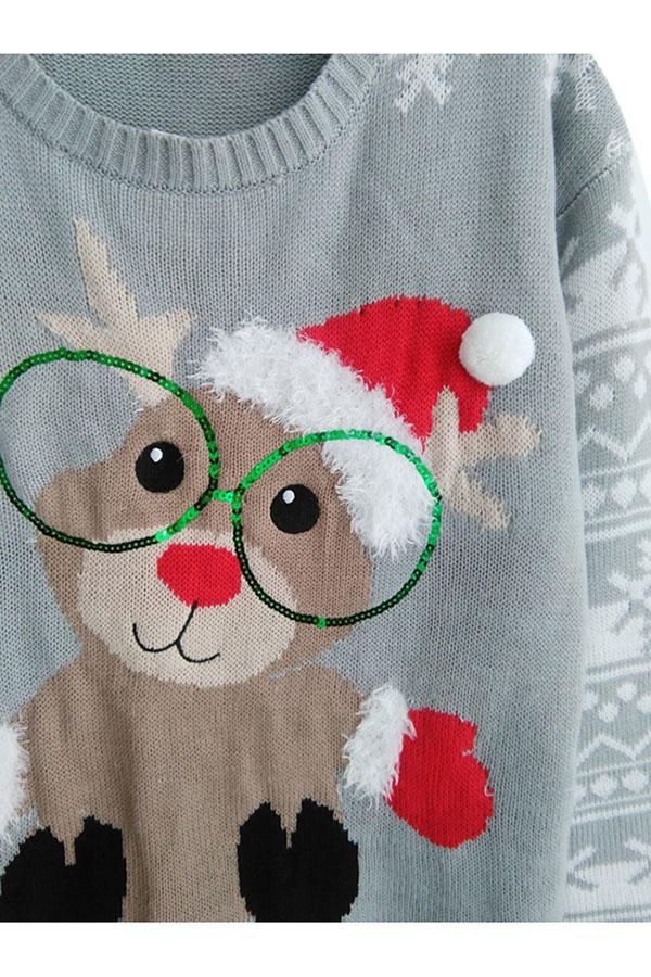 Women Crew Neck Reindeer Snowflake Ugly Christmas Sweater Gray-Pinkami