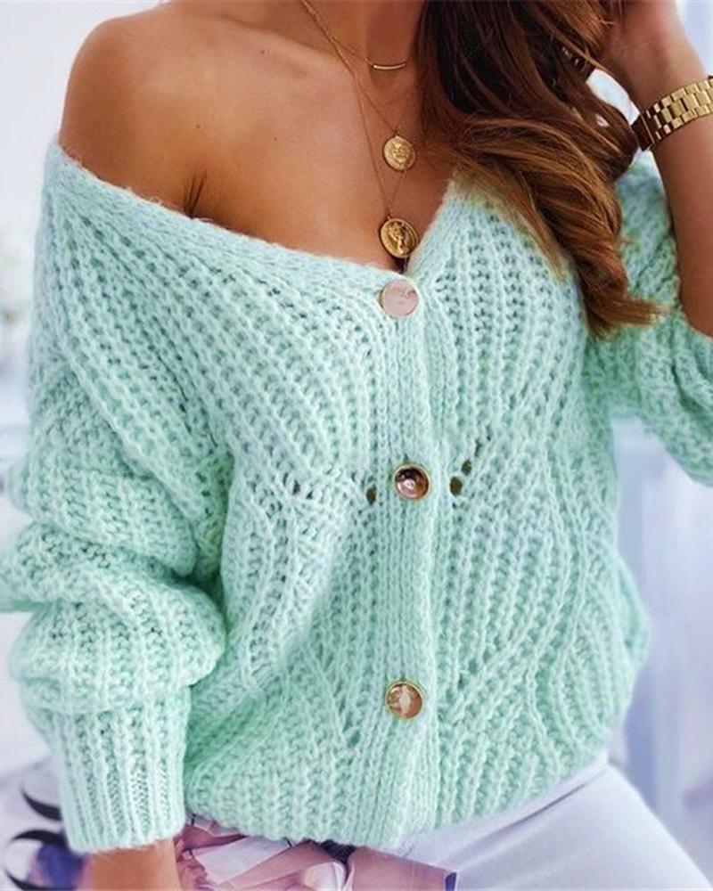 Solid Chunky Knit Button Up Sweater-Pinkami