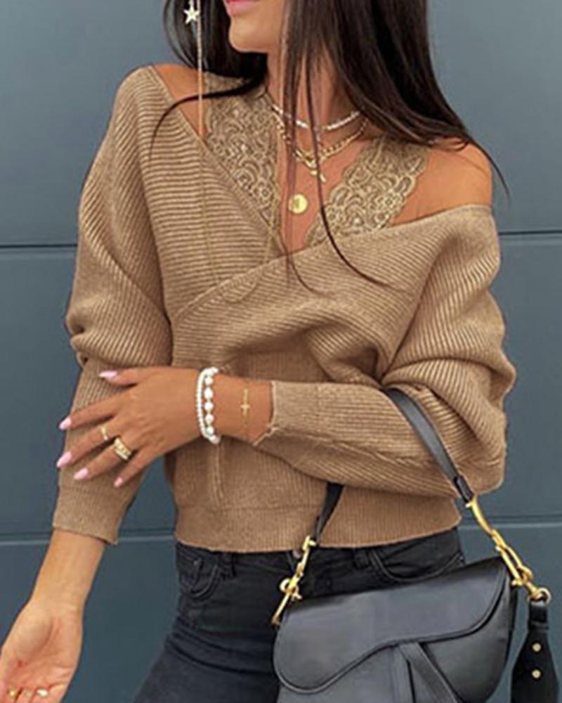 Contrast Lace Cold Shoulder Overlap Rib Knit Sweater-Pinkami