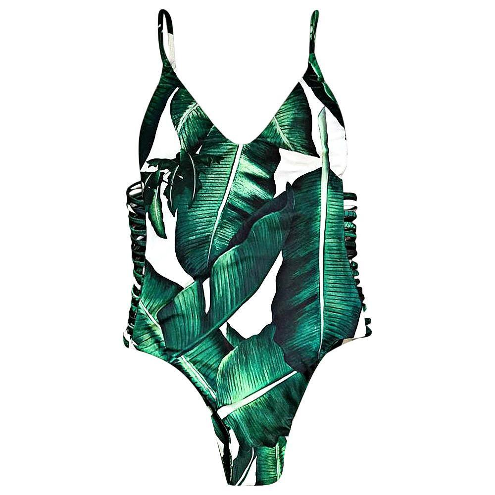 Sexy Leaf Print Hollow Out Bandage Bathing Suit-Pinkami