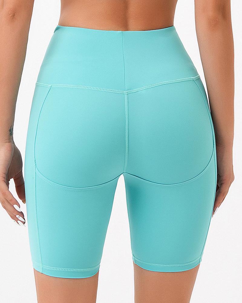 Solid Stitch Trim High Waist Biker Sports Shorts-Pinkami