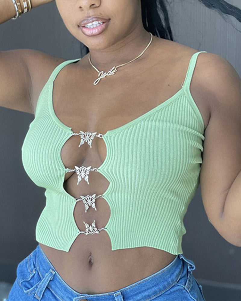 Ribbed Chain Linked Hollow Out Crop Cami Top-Pinkami