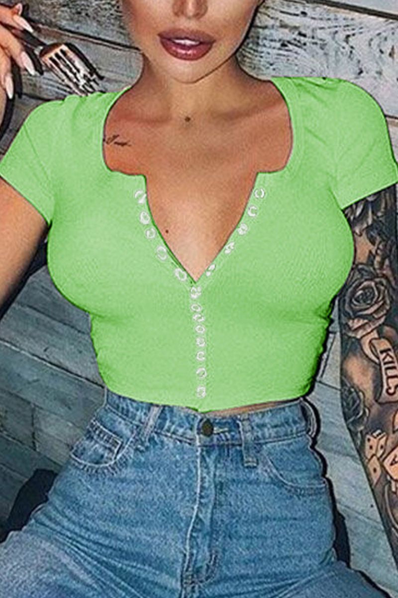 Button Through Ribbed Crop T-Shirt-Pinkami