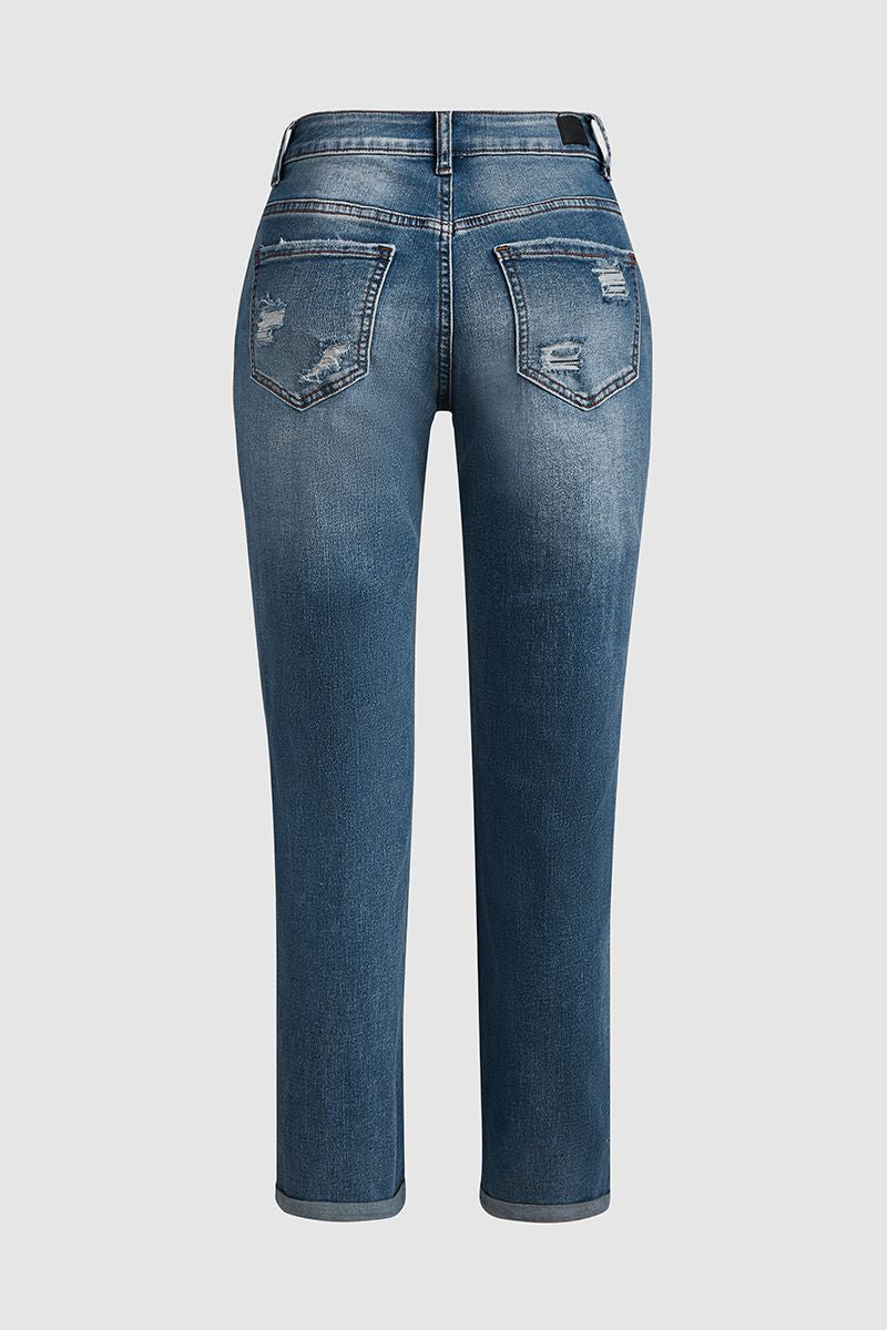Ladder Distressed Patched Low Waist Jeans-Pinkami