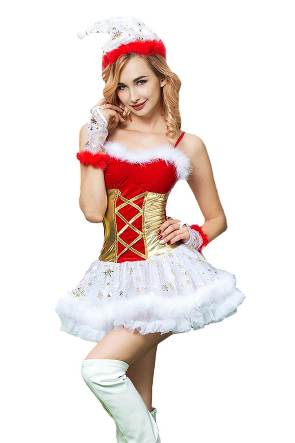 Sexy Spaghetti Straps Santa Dress Christmas Costume Red-Pinkami