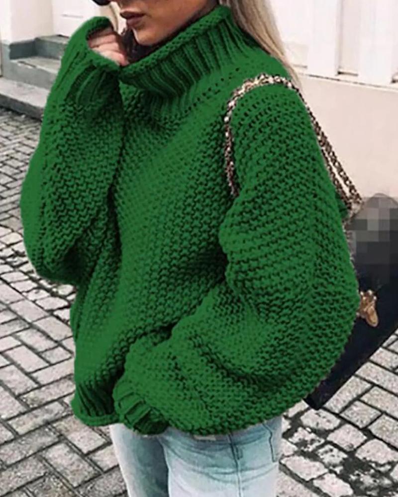 Solid Chunky Knit High Neck Drop Shoulder Sweater-Pinkami