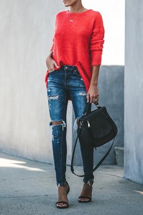 Round Neck Long Sleeve Loose Sweater-Pinkami