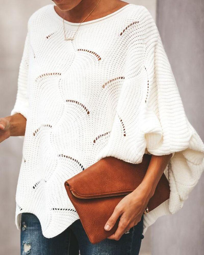 Open Knit Lantern Sleeve Scallop Hem Oversized Sweater-Pinkami