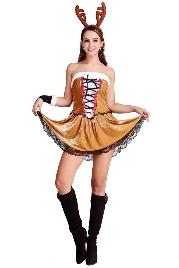 Women Sexy Lace Up Tube Christmas Reindeer Costume-Pinkami