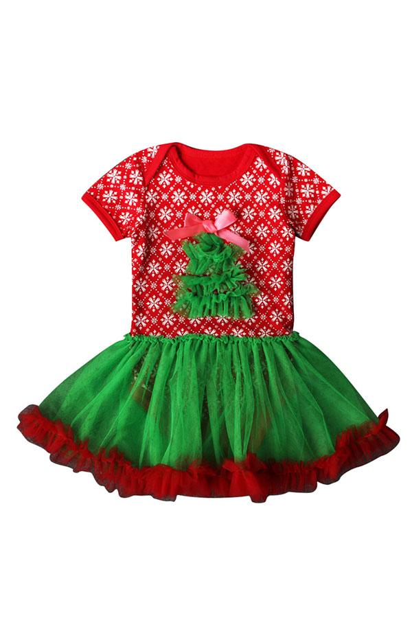 Short Sleeve Snowflake Print Baby Girls Christmas Tree Dress Green-Pinkami