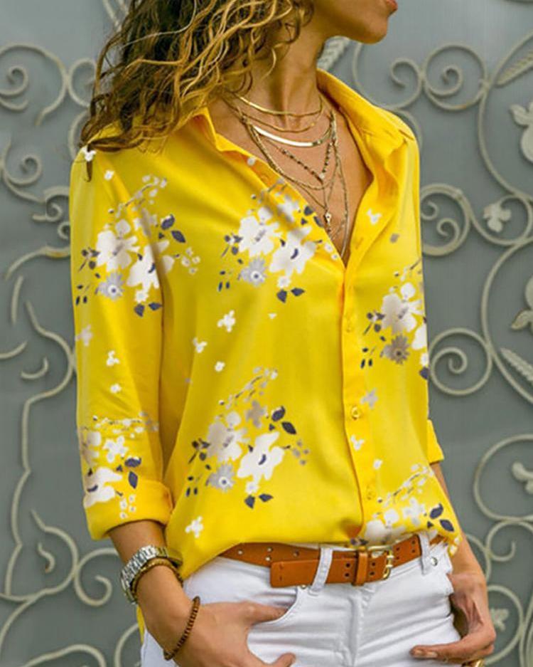 Floral Print Long Sleeve Casual Shirt-Pinkami