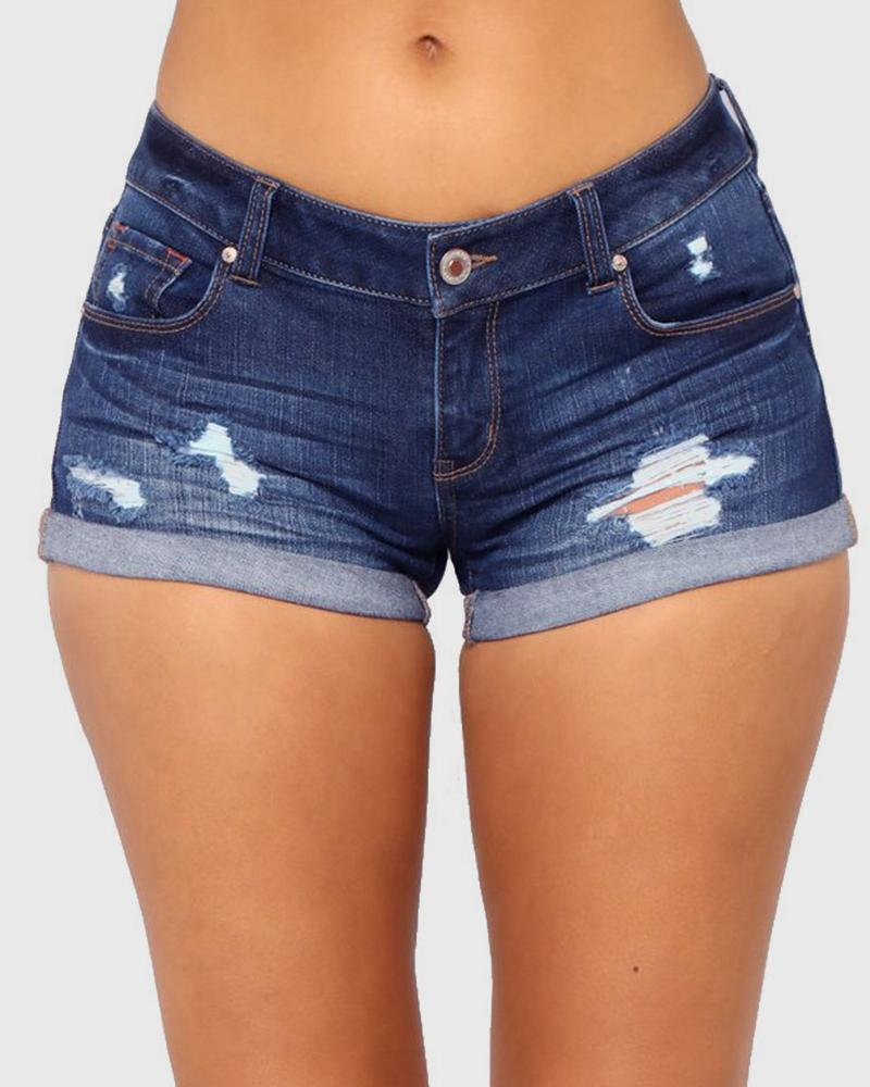 Women Ripped Roll Up Hem Mid Waist Denim Shorts-Pinkami