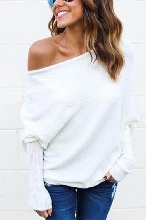 Off-the-shoulder Bat Sleeve Sweater-Pinkami