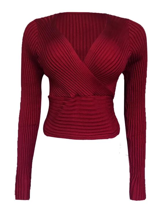 Solid Overlap Rib-Knit V Neck Sweater-Pinkami