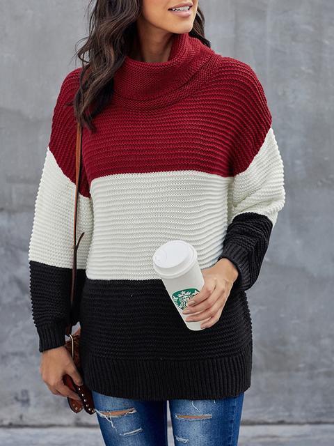 Turtleneck Color Block Pullover Sweater-Pinkami