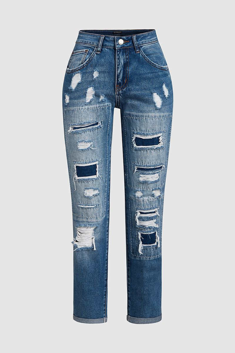 Ladder Distressed Patched Low Waist Jeans-Pinkami