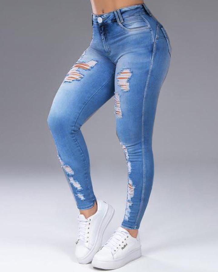 Women Distressed Butt Lifting Skinny Jeans-Pinkami
