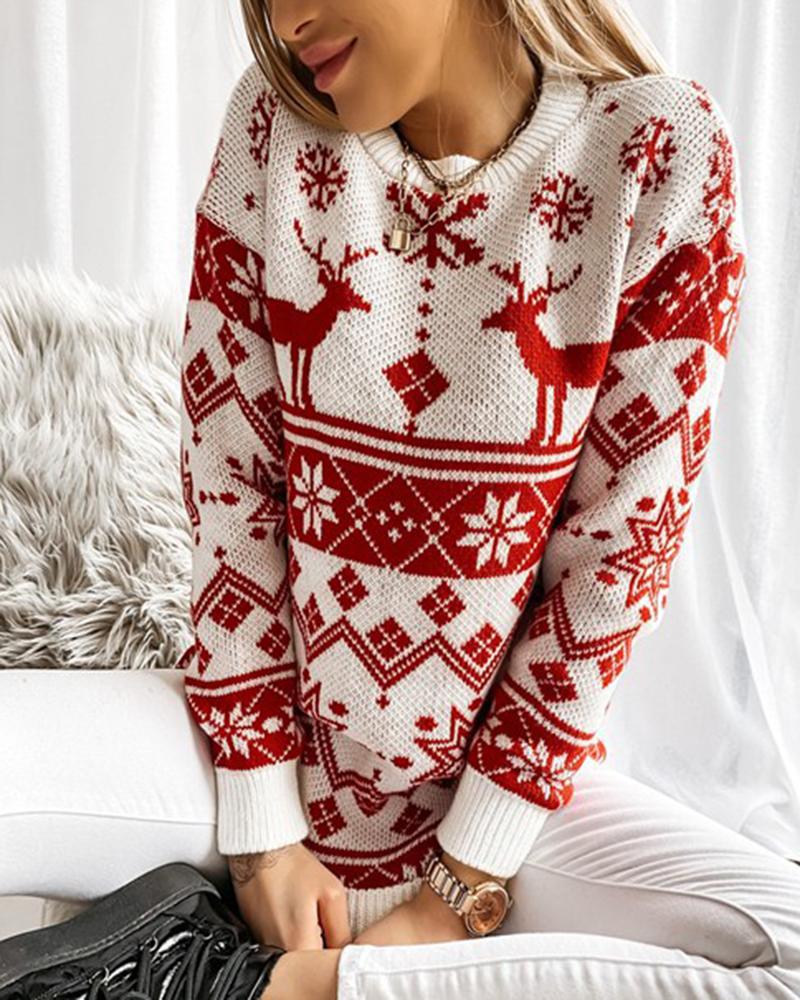 Christmas Print Contrast Binding Rib-Knit Round Neck Sweater-Pinkami