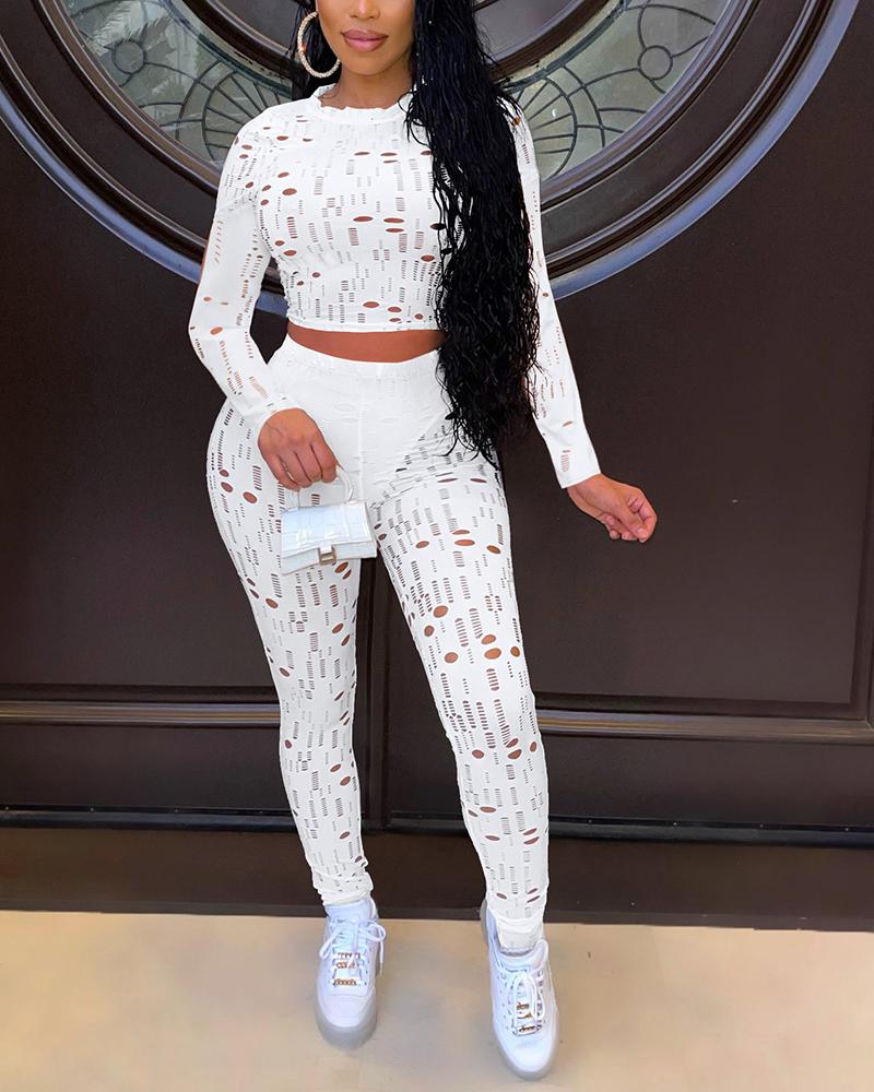 Hollow Out Sheer Lettuce Trim Long Sleeve Top & Pants Set