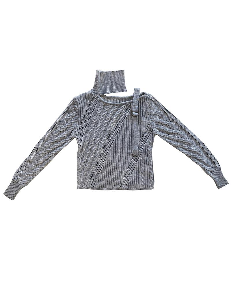 Solid Cable Knit Buckle Cutout Turtleneck Sweater-Pinkami