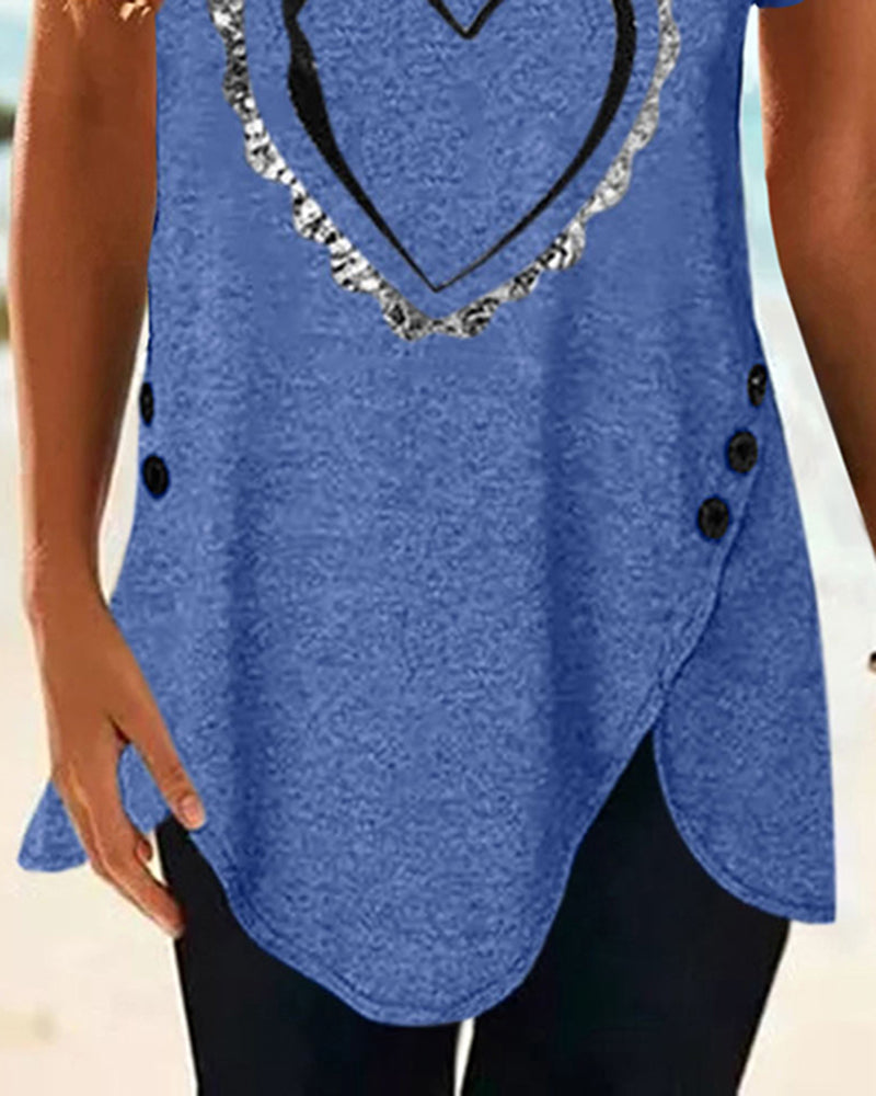 Heart Print Button Side Asymmetrical Hem T-Shirt-Pinkami