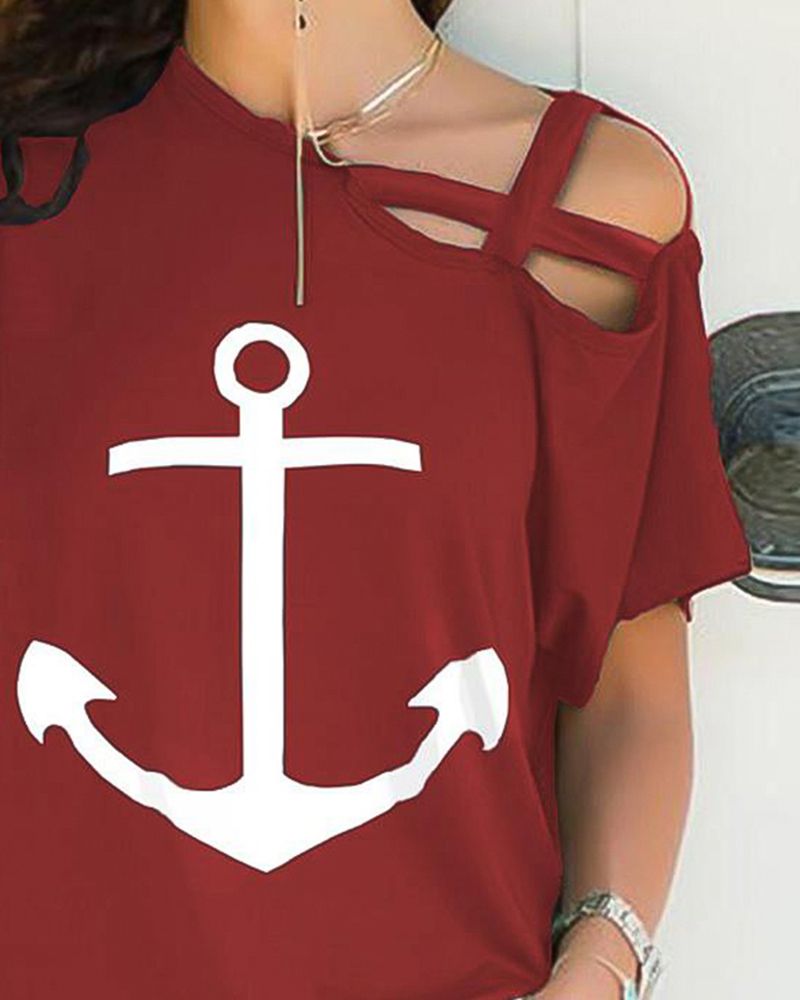 Sign Print Criss Cross Asymmetrical Neck T-Shirt-Pinkami