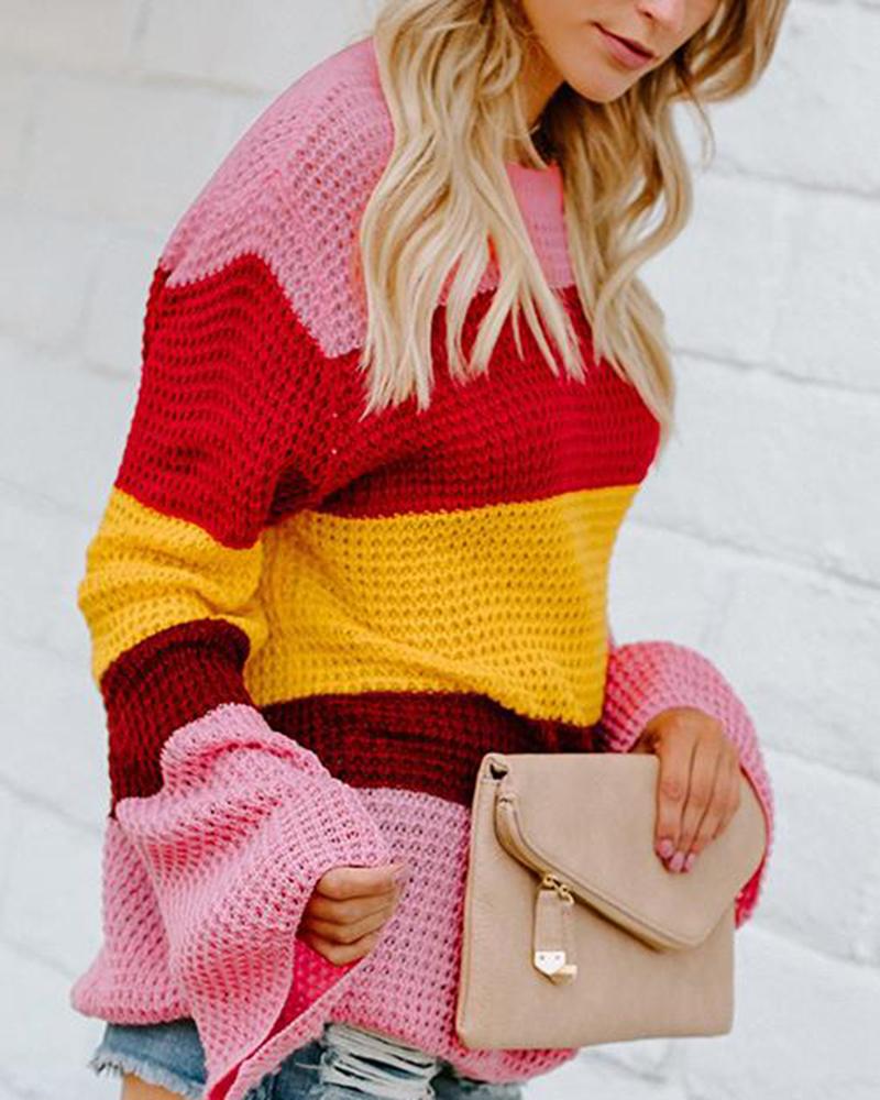 Pointelle Knit Rainbow Striped Sweater-Pinkami