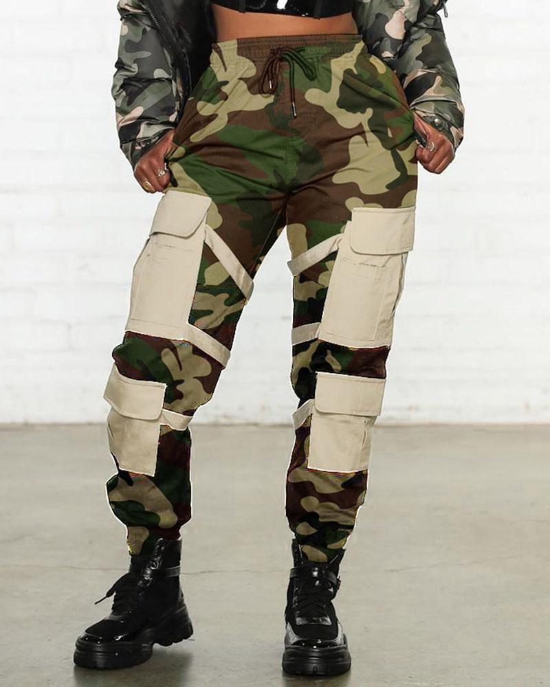 Colorblock Drawstring Waist Flap Pocket High Waist Sports Pants For Women-Pinkami